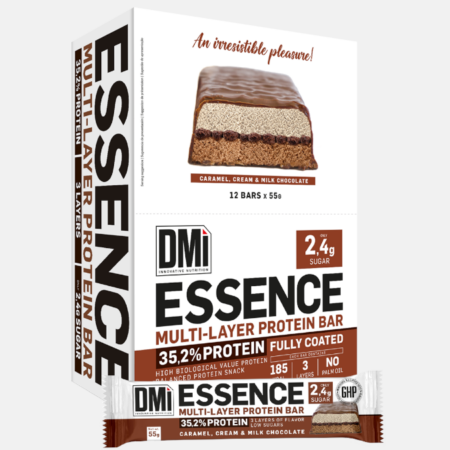 P-Essence Multi-layer Protein bar Caramel, cream & milk chocolate – 12x55g – DMI Nutrition